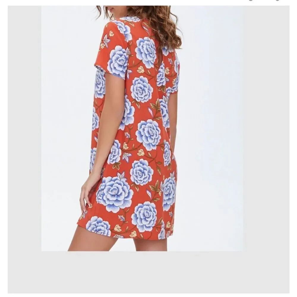 Forever 21 Women Size Medium Rust Floral Short Sleeve Button Back Dress